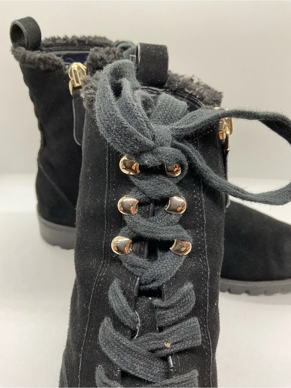 KATE SPADE NEW YORK Raegan Faux Shearling Combat Suede Black Boots  Size 6.5
